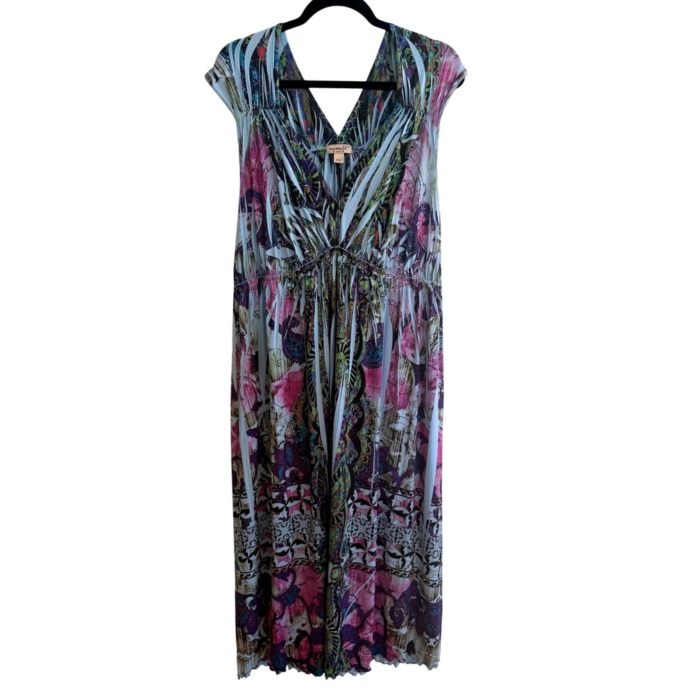 One World Maxi Dress Womens 1X Multi-Color Boho Paisley Empire Waist V-Neck